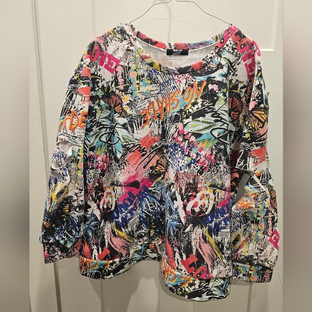 Jolie & Joy Graffiti Colorful Sweatshirt With Cutouts On Arms, Size 1X